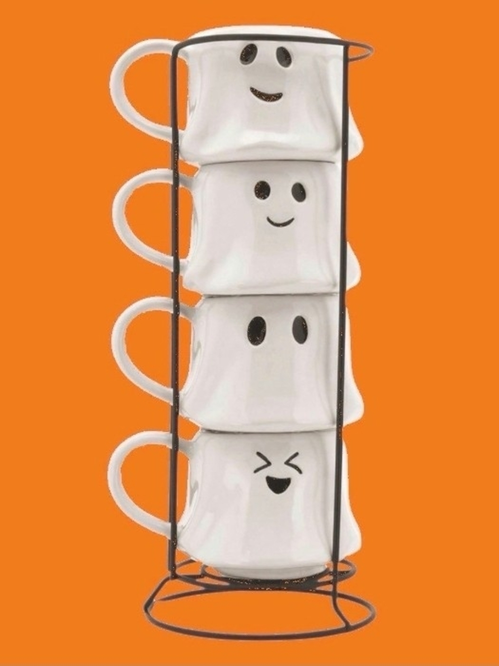 Stackable White Ghost Mugs Set with Metal Stand - Home Kitchen Halloween - NIB